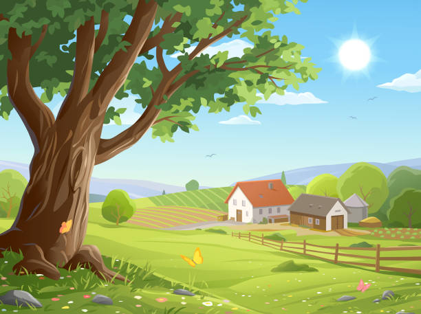 Farm In Idyllic Landscape Vector illustration of a beautiful rural landscape with a big old tree in the foreground, and a farm, agricultural fields, a fence, a road, hills, bushes, trees and green meadows in the background. idyllic countryside stock illustrations