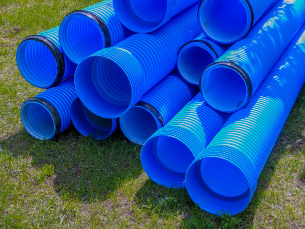 tubos de polipropileno ondulado azul - warehouse corrugated two dimensional shape distribution warehouse - fotografias e filmes do acervo