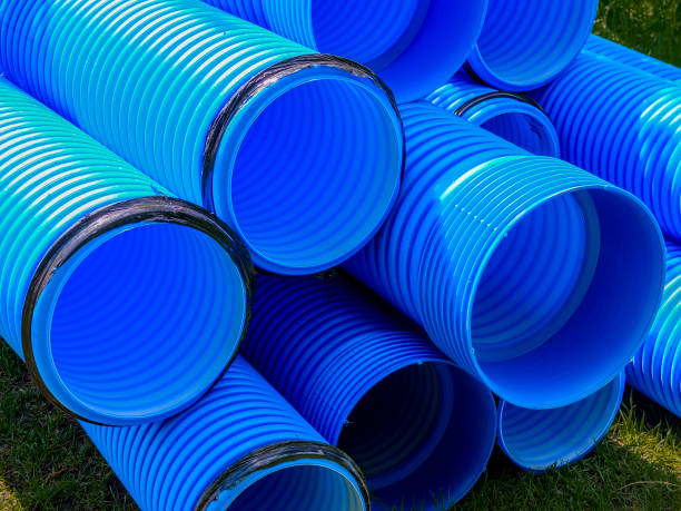 tubos de água de pvc azul de dupla camada - warehouse corrugated two dimensional shape distribution warehouse - fotografias e filmes do acervo