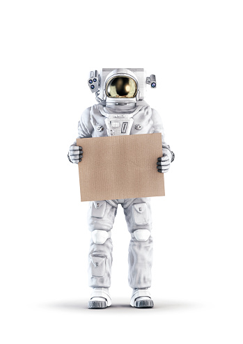 3D illustration of space suit wearing male figure holding blank cardboard sign isolated on white studio background