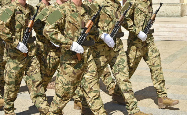 istock Soldiers are marching at the military parade 1244432544