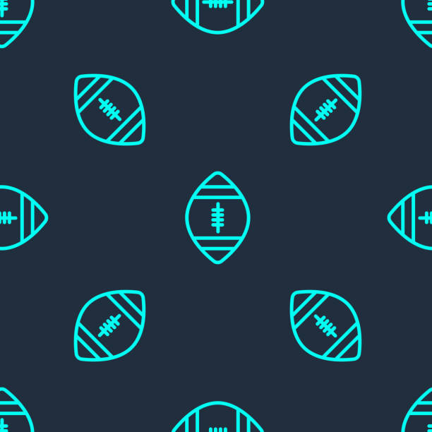 緑のラインアメリカンフットボールボールアイコンは、青の背景にシームレスなパターンを分離しました。ラグビーボールアイコン。チームスポーツゲームのシンボル。ベクトルの図 - football outline lace vector点のイラスト素材／クリップアート素材／マンガ素材／アイコン素材