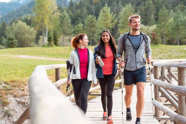 istock Young people walking over the wooden bridge 1244444670
