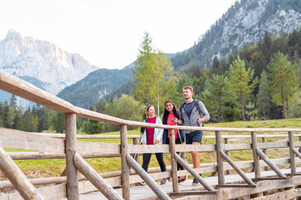 istock Three young people walking over the wooden bridge in mountains 1244444682