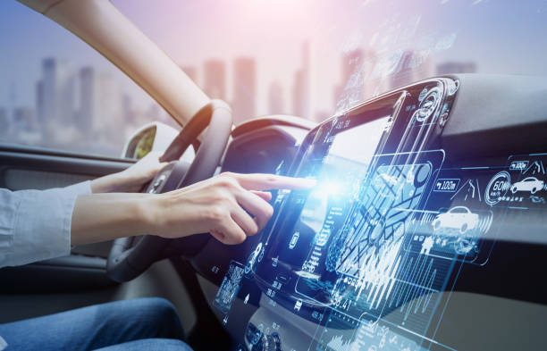istock futuristic vehicle and graphical user interface(GUI). intelligent car. connected car. Internet of Things. Heads up display(HUD). 1244476218