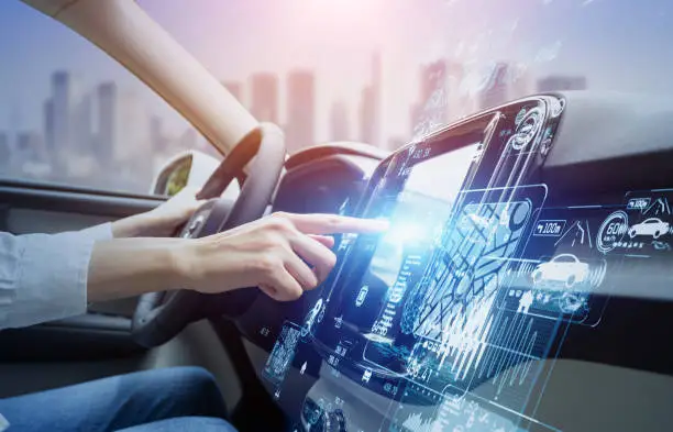 Photo of futuristic vehicle and graphical user interface(GUI). intelligent car. connected car. Internet of Things. Heads up display(HUD).