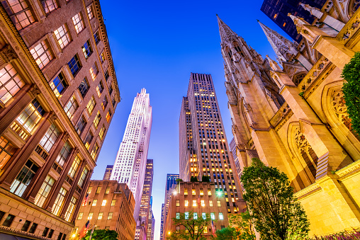 New York, USA - St. Patrick Cathedral and Atlas onf 5th Avenue, Manhattan