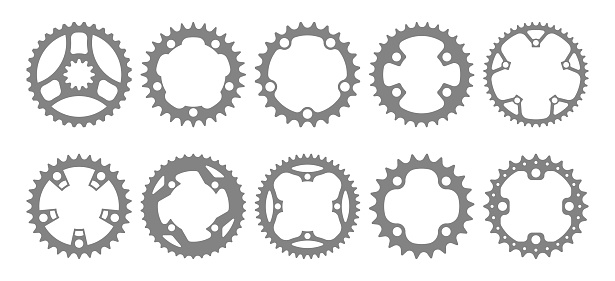 Vector set of ten bike chainring silhouettes (chainwheels, sprockets) isolated on white background.