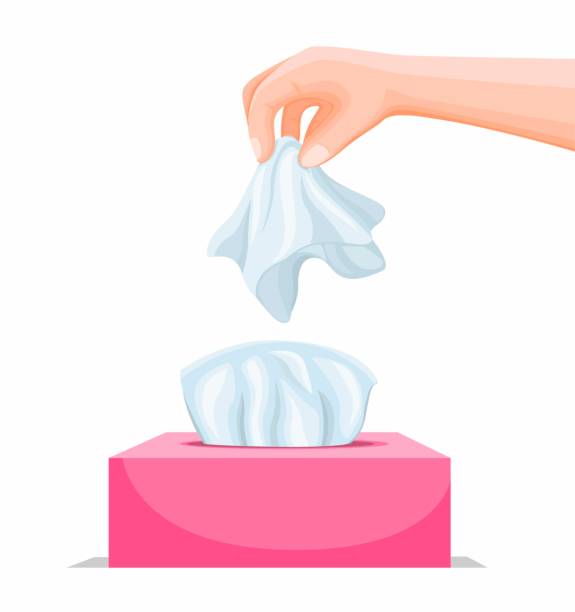 ilustrações de stock, clip art, desenhos animados e ícones de hand take tissue from box. concept symbol in cartoon illustration vector isolated in white background - tissue box flu virus kleenex