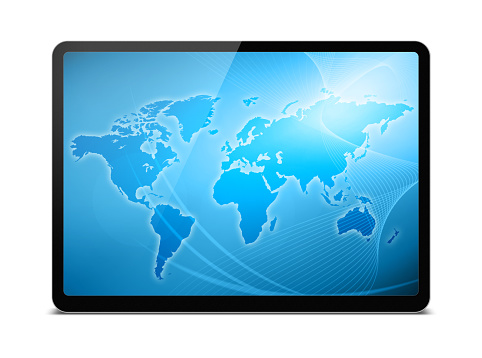 Digital Tablet PC (Clipping path) with world map isolated