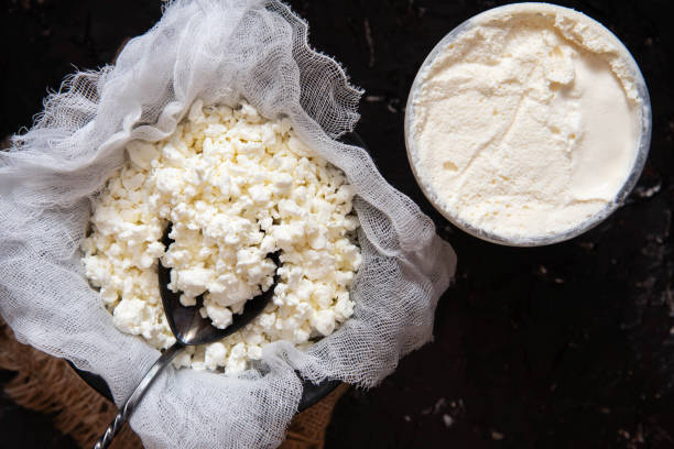 ekologiczne rolnictwo twaróg i śmietana. domowe produkty mleczne - cheese making zdjęcia i obrazy z banku zdjęć