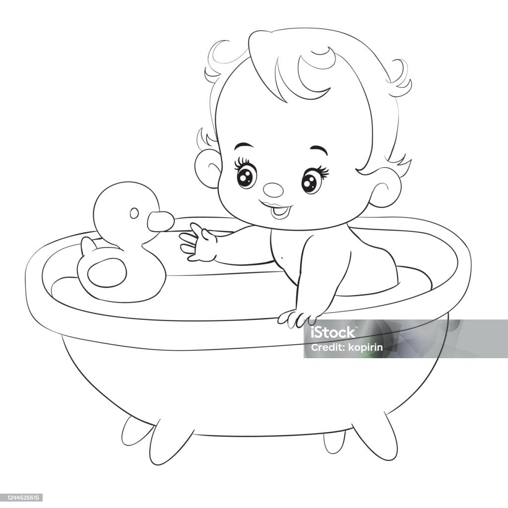 Little Baby Bathes In A Bathtub With A Rubber Duck Isolated Object ...
