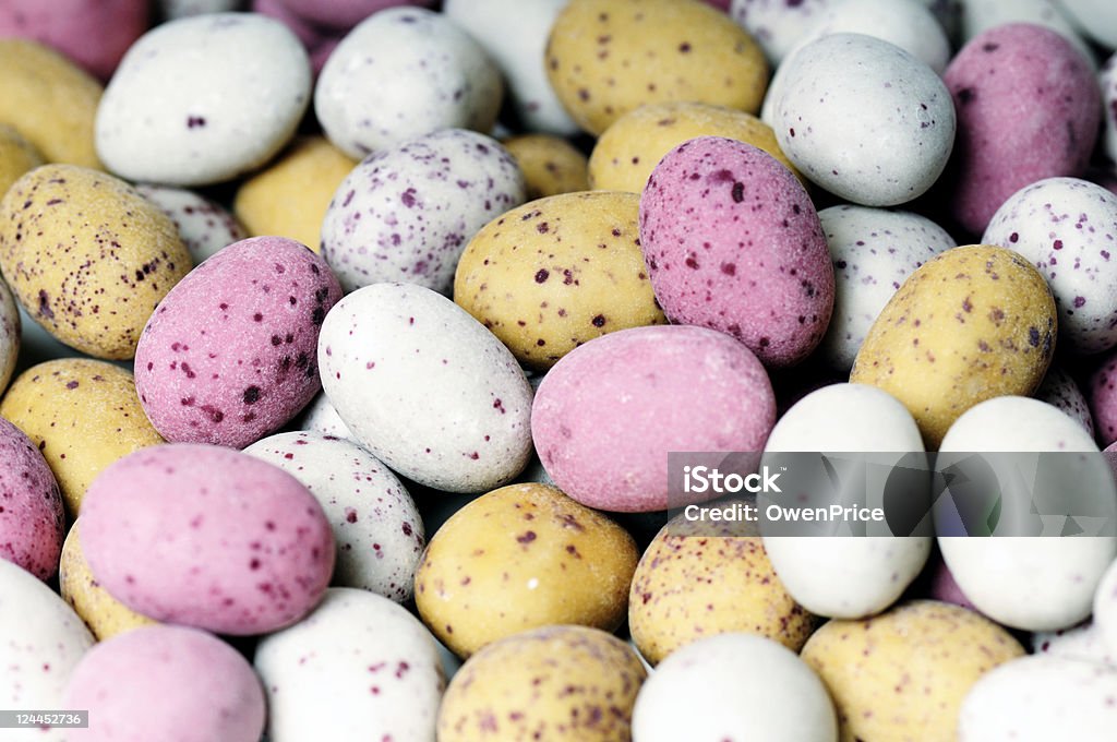 Easter Eggs Macro shot of speckled sugar coated chocolate eggs Candy Stock Photo