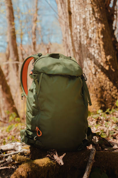 istock Green hiking backpack standing in the spring forest 1244534213