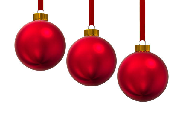istock Three red Christmas baubles hanging at different heights against a white background 1244540720
