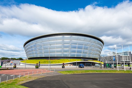 Glasgow, Scotland, UK - 03 September 2015: Wide angle view of The SSE Hydro Arena in Glasgow. The SSE Hydro is an indoor arena located in the Scottish Event Campus.