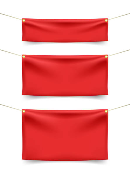 istock Set of Red Textile Banners with Folds with Ropes on White Backgroun 1244558048