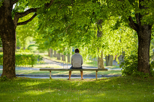 One young man sitting on bench between trees at beautiful green park. Thinking about life. Spending time alone in nature. Peaceful atmosphere. Back view.
