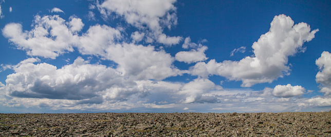 Australian landscape, dry land and clouds on blue sky, background with copy space, full frame vertical composition