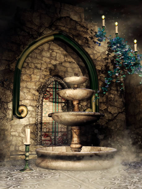 istock Gothic wall and fountain with candles 1244564316