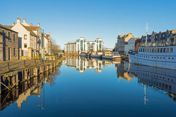 Wide angle view looking along the Water of Leith in Edinburgh, Scotland