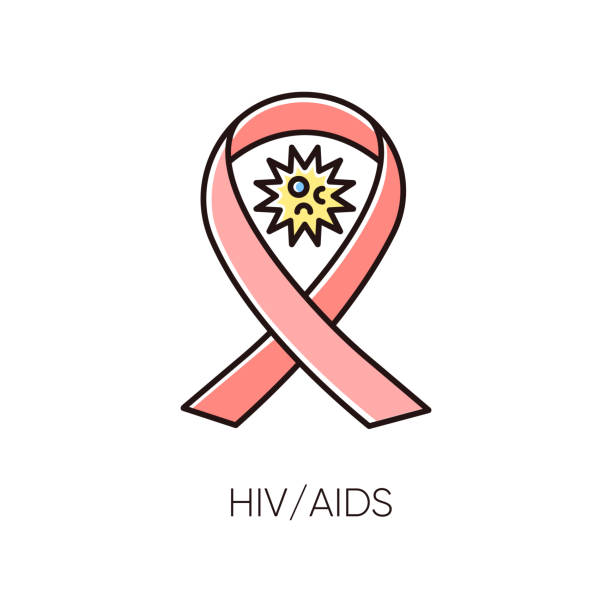 hiv, aids rgb farbsymbol. humanes immundefizienzvirus, erworbenes immunschwächesyndrom. gefährliche infektionskrankheit. awareness-band und virale zelle isoliert vektor-illustration - immunodeficiency stock-grafiken, -clipart, -cartoons und -symbole