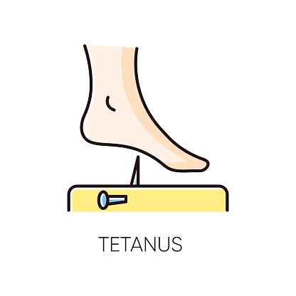 Tetanus RGB color icon. Infectious disease, bacterial infection. Clostridium tetani bacterium protection. Healthcare and medicine. Human foot and rusty nail isolated vector illustration