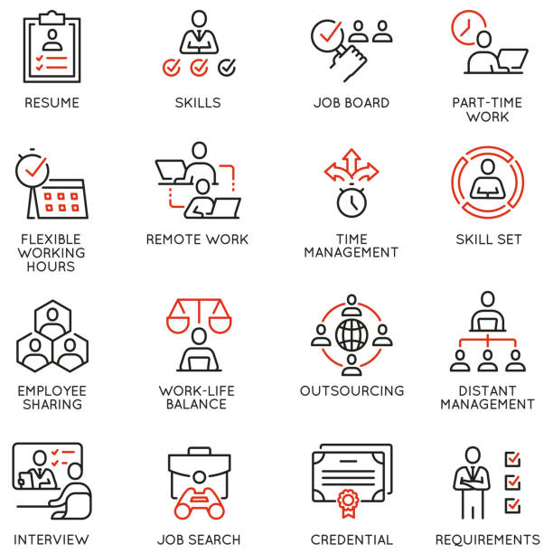 Vector Set of Linear Icons Related to Remote Work from Home, Freelance Worker with Laptop, Workspace, Online Job. Mono Line Pictograms and Infographics Design Elements Vector Set of Linear Icons Related to Remote Work from Home, Freelance Worker with Laptop, Workspace, Online Job. Mono Line Pictograms and Infographics Design Elements balance icons stock illustrations