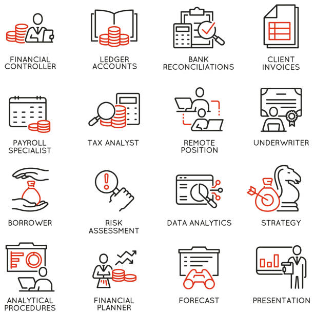 ilustraciones, imágenes clip art, dibujos animados e iconos de stock de conjunto vectorial de iconos lineales relacionados con el informe de finanzas, contabilidad actual y trabajos financieros. pictogramas monoline y elementos de diseño de infografías - libro mayor