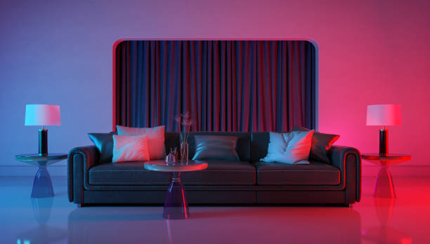 istock Modern room with violet light and red light illumination.Leather sofa with pillows and table lamps.3d rendering 1244613655