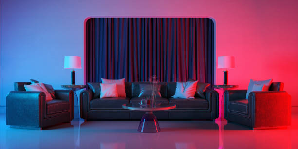 istock Modern living room with violet light and red light illumination.Leather sofa with armchairs and table lamps.3d rendering 1244613659