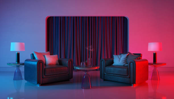 istock Modern room with violet light and red light illumination.Leather armchairs with pillows and table lamps.3d rendering 1244613660
