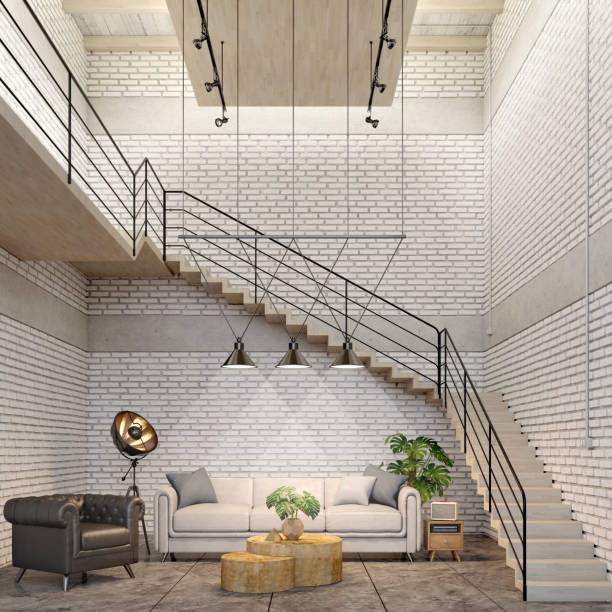 istock Loft style interior.Black and white armchair,sofa with hanging lamp.White brick wall background.3d rendering 1244614223
