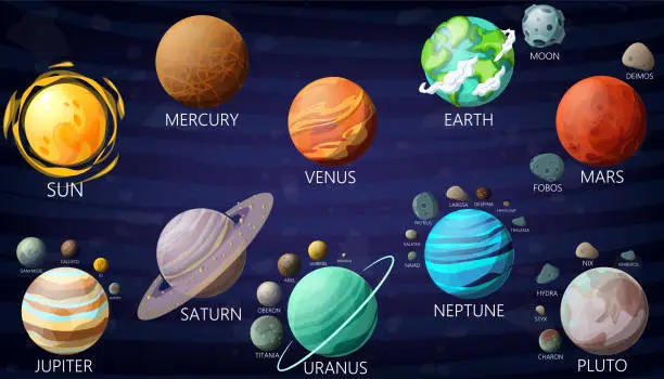 Vector illustration of Planets of the solar system on a dark background.