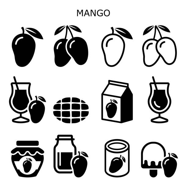 Mango fruit red vector icon set - healthy food and drink design, mango lassi, jam, juice and ice-cream Food icons set - tasty mangos - extotic fruit, eating and cooking concept mango jam stock illustrations