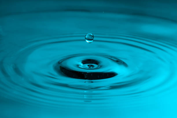 istock Water drop falling through the air. Small round ripples in a smooth surface and a reflection 1244657128