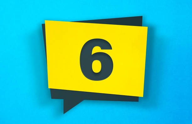 Yellow Speech Bubble Sticker On A Blue Background. Number 6 Yellow Speech Bubble Sticker On A Blue Background. Number 6. Horizontal composition with copy space day 6 stock pictures, royalty-free photos & images