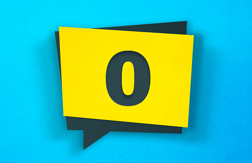 Yellow Speech Bubble Sticker On A Blue Background. Number 0. Horizontal composition with copy space