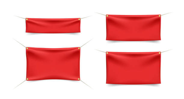 istock Set of High Quality Red Textile Banners with Folds with Ropes on White Background 1244667492