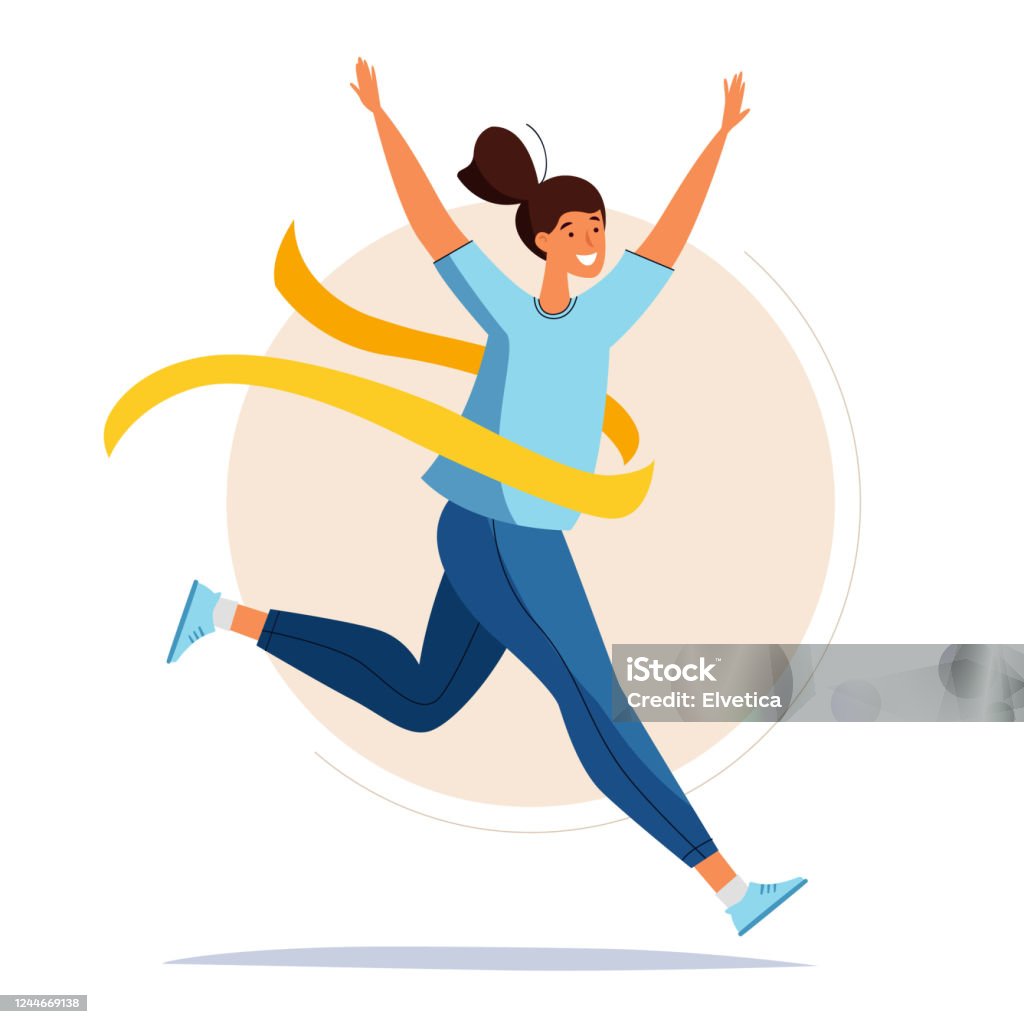 Running woman. Running woman. Female crossing the finish line. Cartoon flat style. Finish Line stock vector
