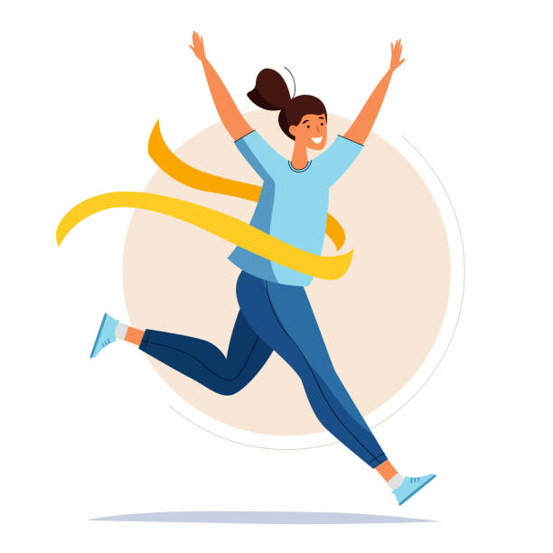 Running woman. Running woman. Female crossing the finish line. Cartoon flat style. run stock illustrations