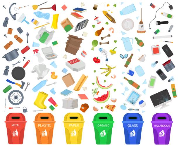 Garbage Sorting Big Set Garbage Sorting. metal, plastic, paper, organic garbage, glass, hazardous waste.Vector Illustration. recycle symbol cut out stock illustrations