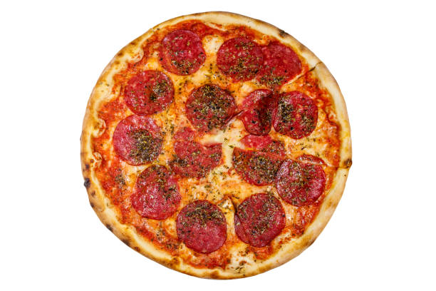 istock Delicious fresh pizza with sausage and cheese isolated on white background 1244679272