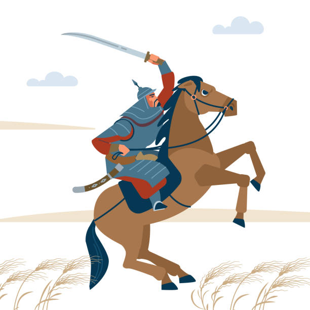 bildbanksillustrationer, clip art samt tecknat material och ikoner med porträtt av farliga, nomad mongol man ridning brun häst i stäppen innehar svärd attackera. centralasiatisk krigarhästman, redo att attackera i strid. isolerad vektorillustration i platt tecknad stil. - kavallerist människoroller