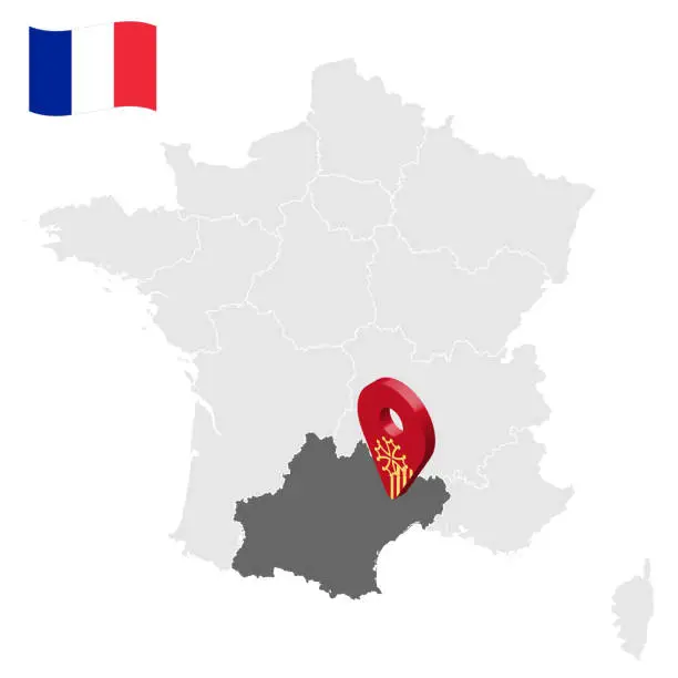 Vector illustration of Location of Occitania on map France. 3d location sign similar to the flag of Occitania. Quality map  with regions of  French Republic for your design. EPS10.