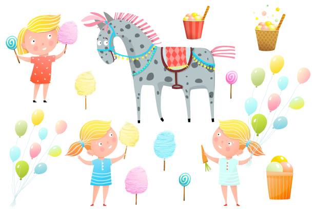 박람회 또는 카니발, 휴일 아이 만화 과자를 먹고 행복 한 작은 귀여운 여자를 미소. 귀여운 조랑말, 달콤한 길거리 음식과 아이 캐릭터 컬렉션입니다. - horse child animal feeding stock illustrations