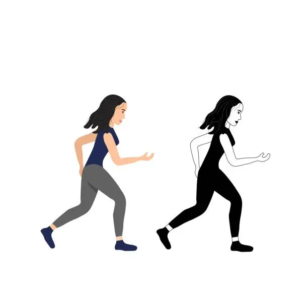 Vector illustration of Running muscular girl isolated on a white background. Silhouette of a female sprinter. Runners in motion. Preparing for the marathon. Jogging. Sportswomen in a flat style. Stock vector illustration