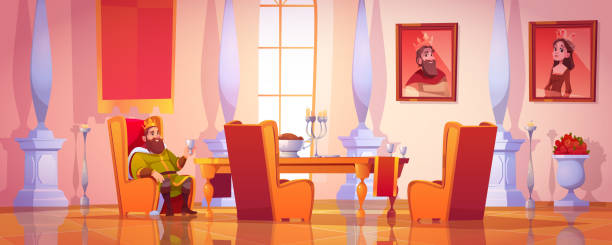illustrazioni stock, clip art, cartoni animati e icone di tendenza di re che tiene calice seduto a tavola con il cibo - medieval banquet food dinner party