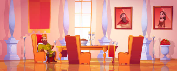 King holding goblet sitting at table with food King holding goblet sitting at table with food, utensil and meal in castle dining room. Medieval palace interior with royal family portraits, furniture and marble pillars, Cartoon vector illustration banquet chairs stock illustrations