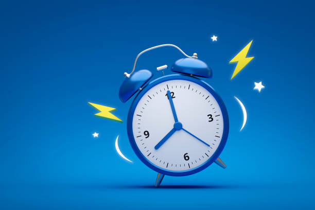 istock Blue alarm clock on dream background with star and night style. Classic analog clock and dream concept. 3D rendering. 1244698563